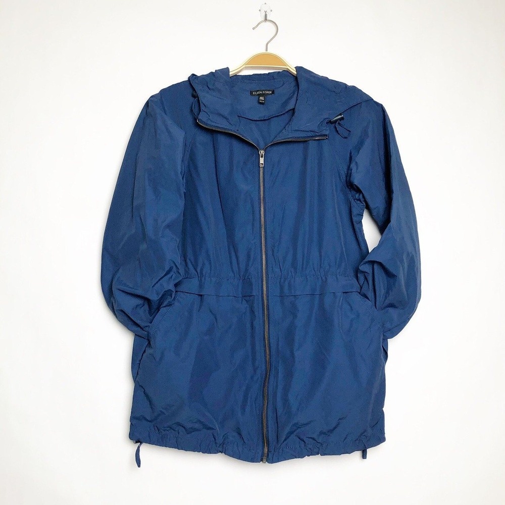 Eileen Fisher Hooded Anorak Windbreaker Jacket Blue Nylon Full Zip /‎ Size M